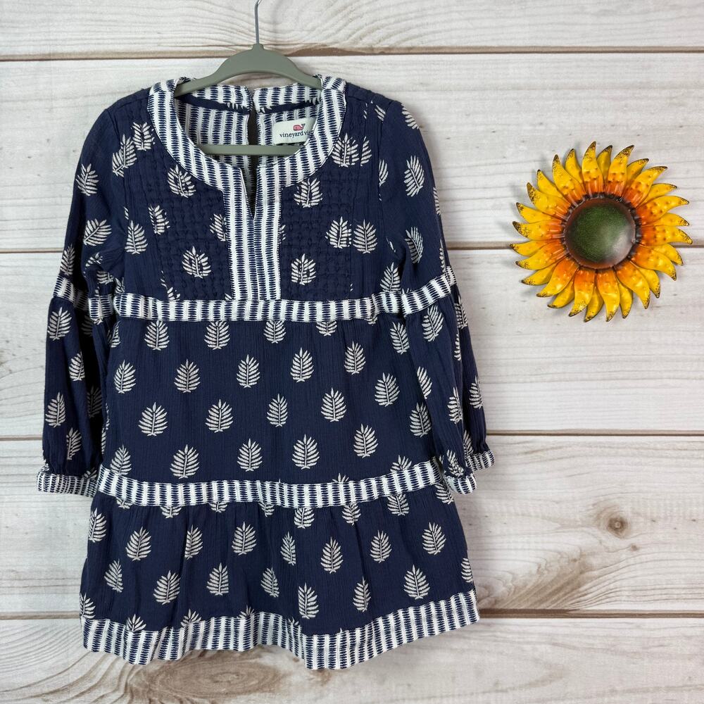Vineyard Vines Kids Navy White Leaf Print Tiered Dress Size 3T